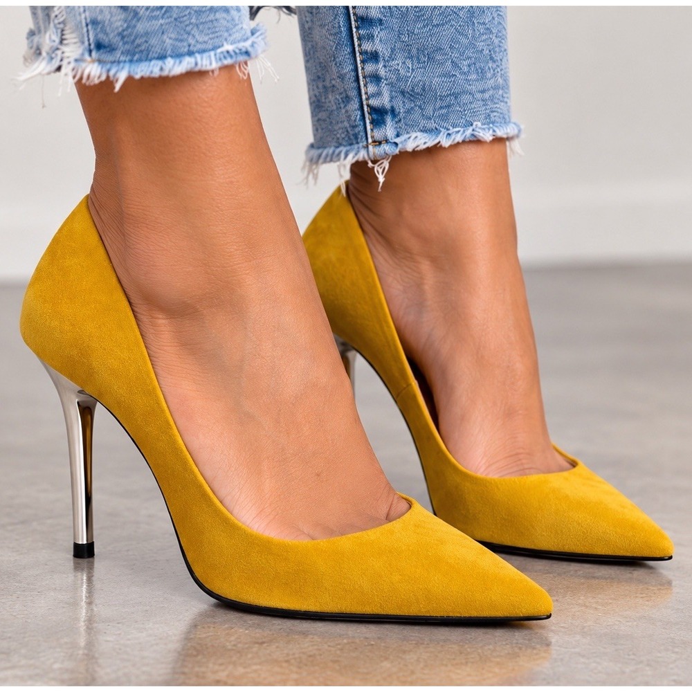 Zara Womens Mustard Yellow Suede Pointed Toe Chrome Stiletto Pumps Sz 38/7.5 US